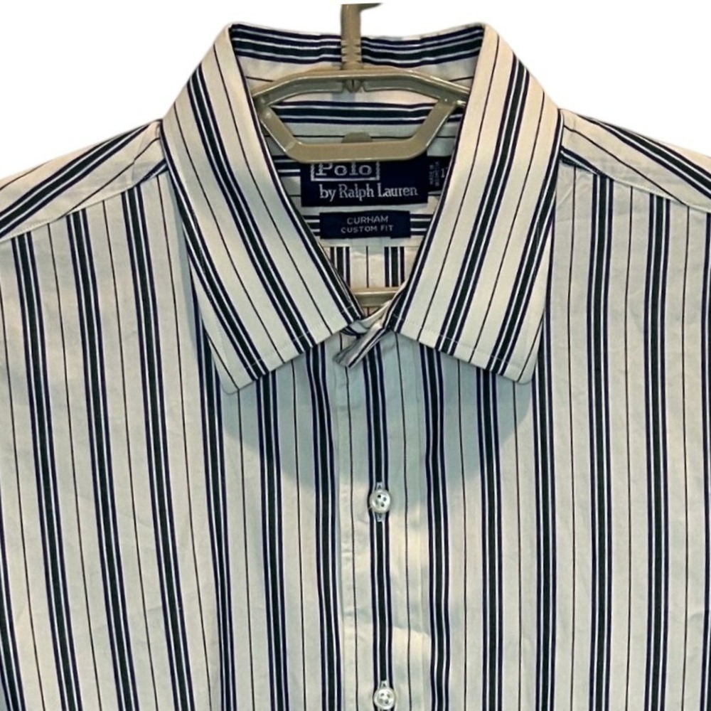 Polo Ralph Lauren Curham Custom Fit 17 XL Mens White Navy Purple Striped Shirt